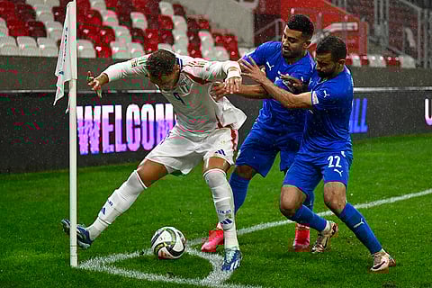 2024–25 UEFA Nations League, Israel vs Italy: Italy's Mateo Retegui, left, challenges for the ball with Israel's Mahmoud Jaber